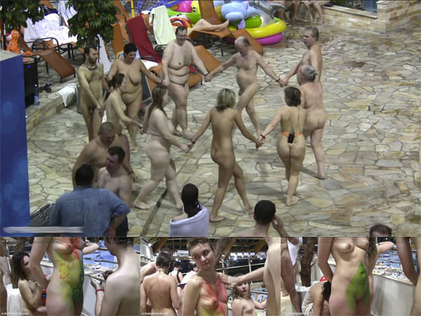 Group family nudism in the pool - HD video