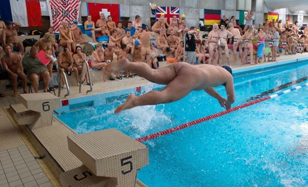 Sports competitions between nudists in the pool video